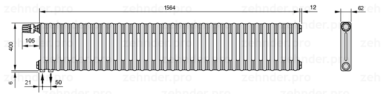 Схема (чертеж) Радиатор Zehnder Charleston 2040/34 №V001 Белый глянцевый RAL 9016